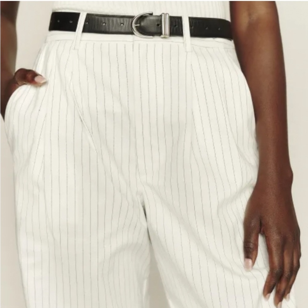 Reformation Oren White with Black pinstripe Pants in cotton/linen